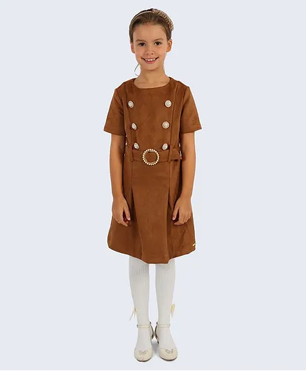 One Friday Half Sleeves Solid Color Dress - Brown