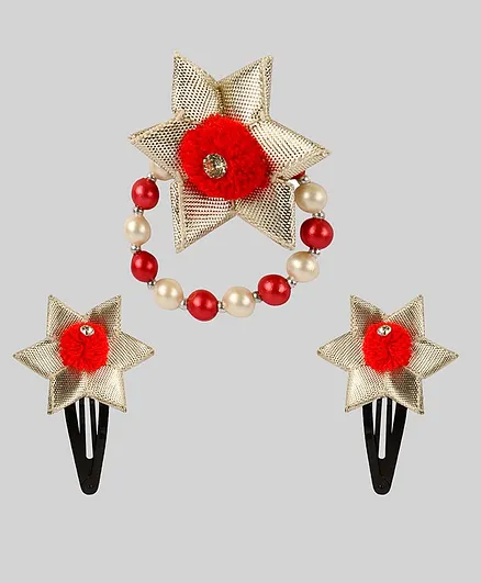 Daizy Pair Of Gota Work Flower Hair Clips With Bracelet - Red