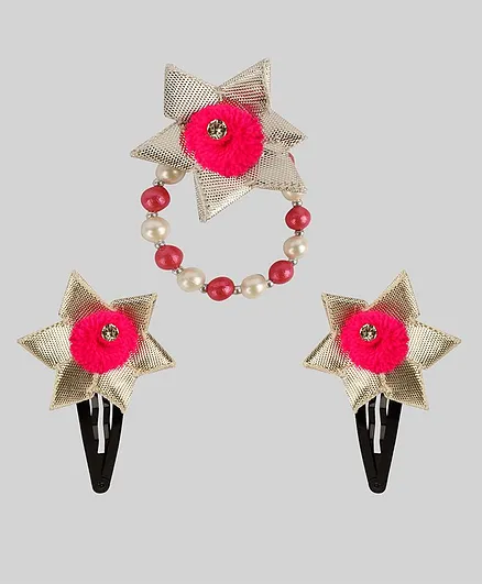 Daizy Pair Of Gota Work Flower Hair Clips With Bracelet - Pink
