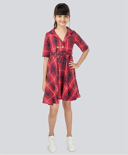 Olele Three Fourth Sleeves Checked Dress - Red