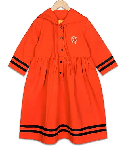 Olele Full Sleeves Front Buttoned Hooded Dress - Orange