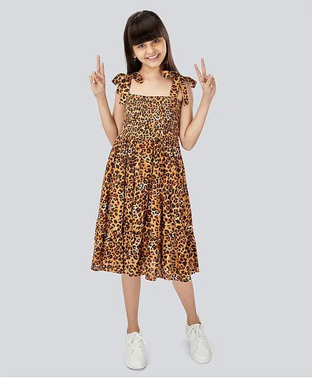 Olele Girl Sleeveless Leopard Print Dress - Yellow