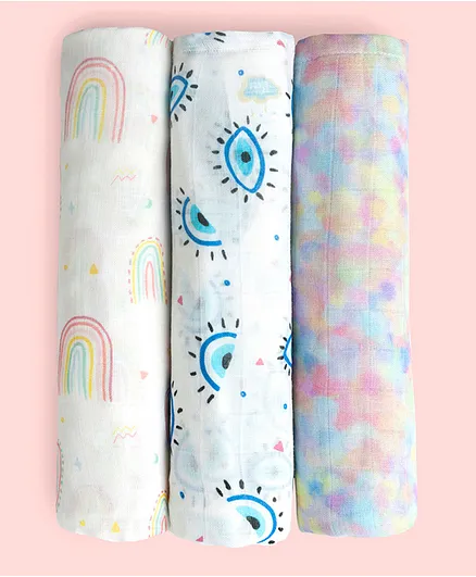 Fancy Fluff Bamboo Muslin Swaddles Sweet Dreams Print Pack Of 3 - Multicolour