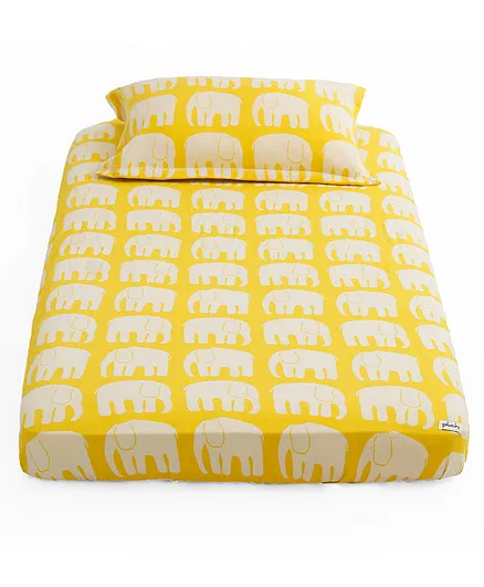 Pluchi Elephant Cotton Knitted Cot Sheet & Pillow Set - Yellow