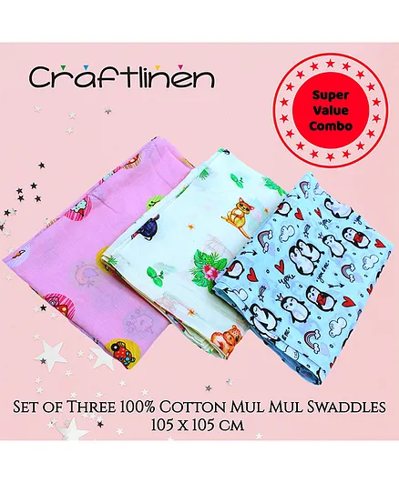 Craftlinen 100% Cotton Mul Mul Baby Swaddle Wrap Large Pack of 3 - Multicolour