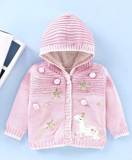 Babyhug Full Sleeves Hooded Sweater Unicorn Design  - Pink
