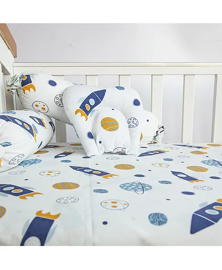 Yellow Doodle Child Of The Universe Cot Bedsheet Set - Blue
