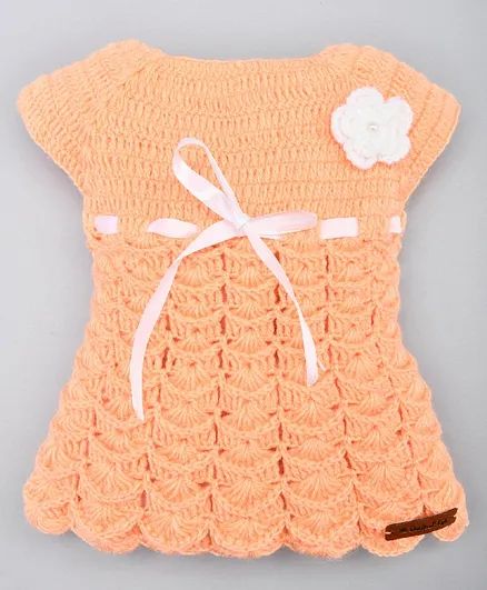 The Original Knit Short Sleeves Scallop Trimmed Dress - Peach