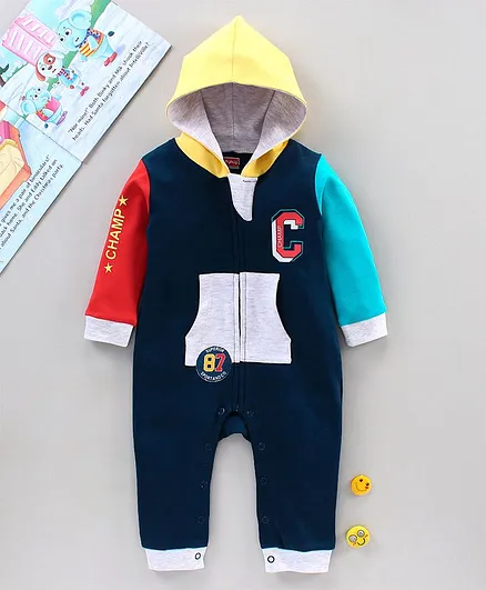 Babyhug Full Sleeves Hooded Romper - Multicolor