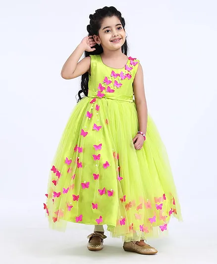 Li&Li BOUTIQUE Full Length Lime Green Gown With Spread Pink Butterflies - Lime  green and Pink