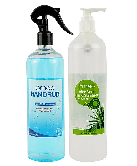 Omeo Aloe Vera Hand Sanitizer Gel Pump and Omeo Hand Rub Sanitizer Spray 500ml Combo Pack of 2