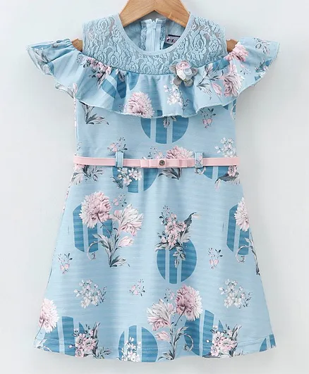 Enfance Core Cold Shoulder Sleeves Flower & Circle Print Dress - Blue