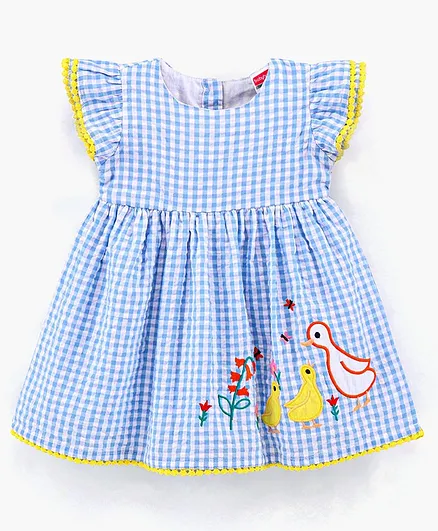 Babyhug Short Sleeves Checked Seer Sucker Fit and Flare Frock with Embroidery - Blue