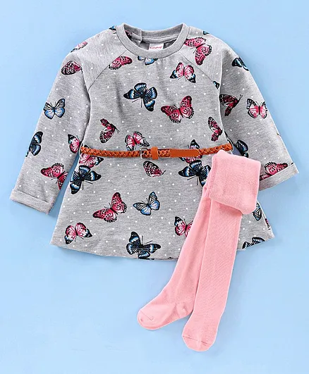 Babyhug Full Sleeves Frock with Stockings Butterfly Print - Grey