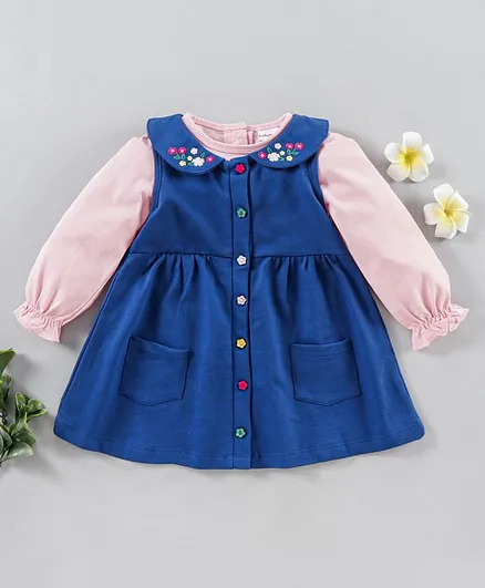Babyhug 100%Cotton Frock With Peasant Sleeves Top Floral Embroidery - Dark Blue Light Pink