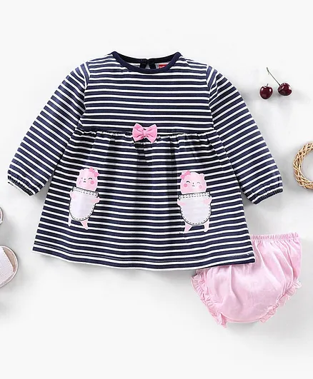 Babyhug 100% Cotton Full Sleeves Striped Frock With Bloomer - Navy