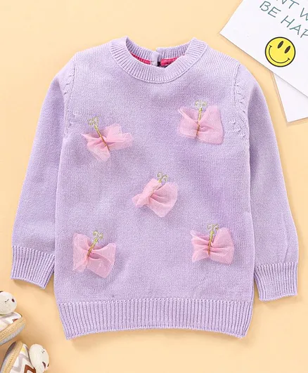 Yellow Apple Full Sleeves Sweater Butterfly Design - Purple