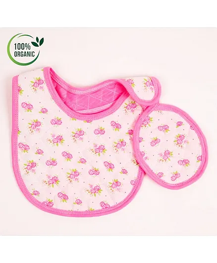 COCOON ORGANICS 100% Organic Cotton Premium Quilted Floral Print Bib And Sneezing Pad Set - Baby Pink