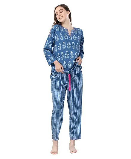 Piu Full Sleeves Motif Print Maternity Top & Pajama Set - Blue