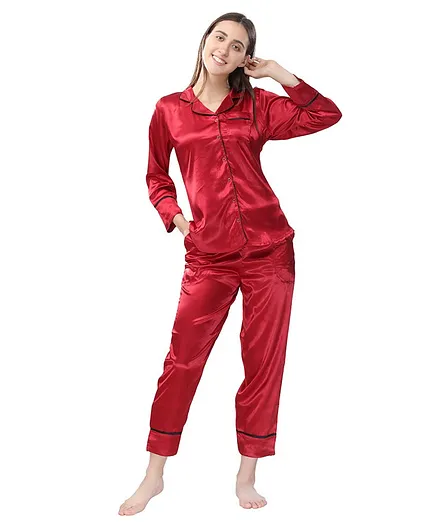 Piu Full Sleeves Solid Maternity Night Suit - Red