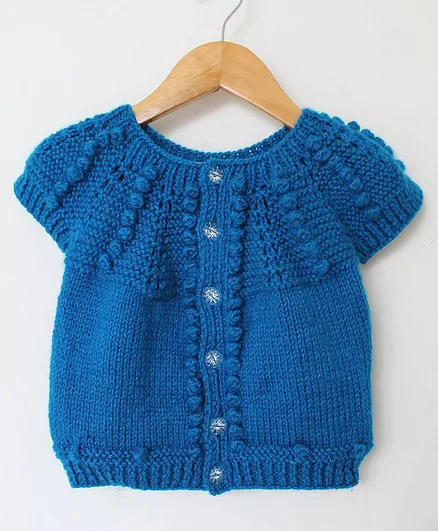Woonie Handmade Self Pattern Short Sleeves Sweater - Blue