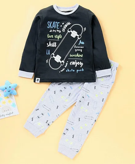 Lazy Bones Full Sleeves T-Shirt & Jogger Pants Skateboard Print - Carbon Black Grey