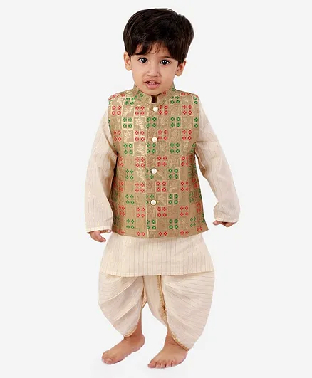 Little Bansi Banarsi Jacket With Full Sleeves Striped Kurta And Dhoti  - Cream