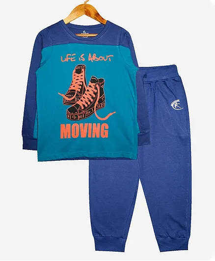 Kiddopanti Moving Shoes Print Full Sleeves Tee With Lounge Pants - Blue