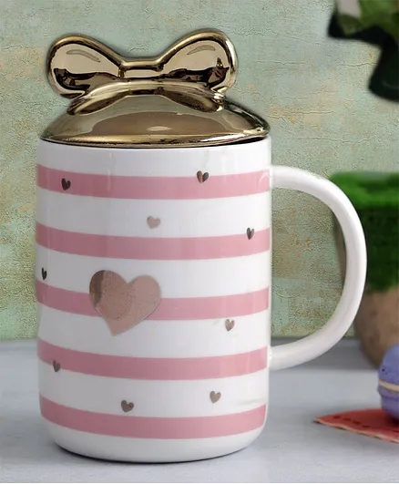 A Vintage Affair Cute Striped Mug with Bow Lid Pink Golden - 350 ml