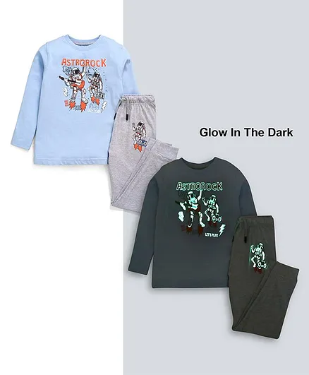 Primo Gino Full Sleeves Glow in Dark Nightwear Set - Grey Blue