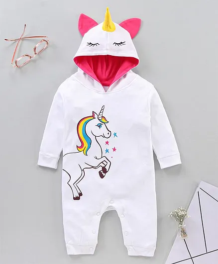 BUMZEE Full Sleeves Unicorn Print And Applique Hooded Sleepsuit - White
