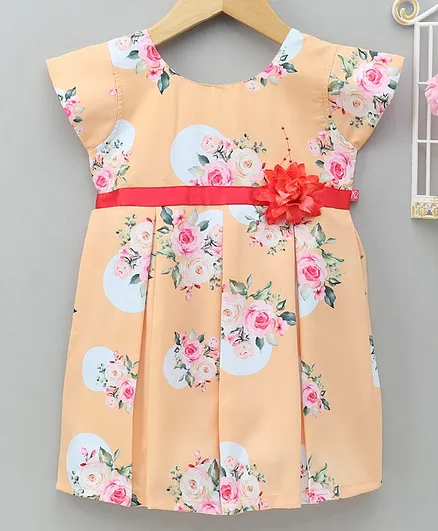 Twetoons Cap Sleeves Cotton Frock Floral Print with Corsage - Light Orange