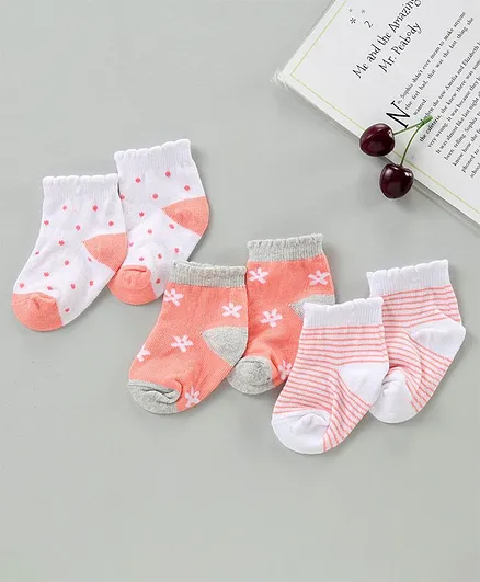 Cute Walk by Babyhug Cotton Blend Ankle Length Anti Bacterial Socks Floral Design Pack of 3 - Orange Pink
