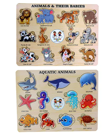 Enjunior Box Wooden Aquatic Animals & Animals & Their Babies Puzzle with Knobs Multicolour - 23 Pieces