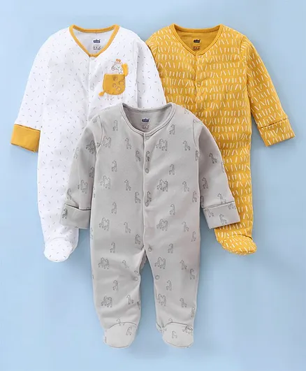 Simply Full Sleeves Footed Rompers Pack of 3 - Yellow White Grey