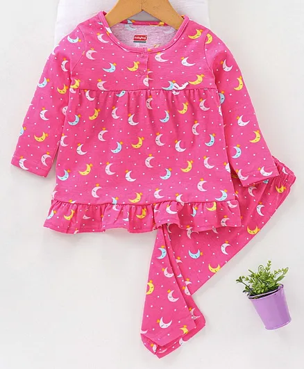 Babyhug Full Sleeves T-Shirt & Pajama Set Moon Print - Pink
