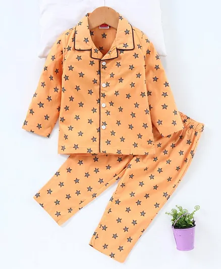 Babyhug Full Sleeves Cotton T-shirt and Pyjama Set Star Print - Mustard