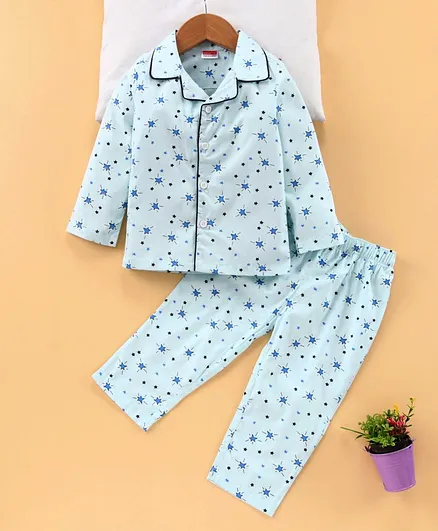 Babyhug Full Sleeves Cotton T-shirt and Pyjama Woven Set Star Print - Blue
