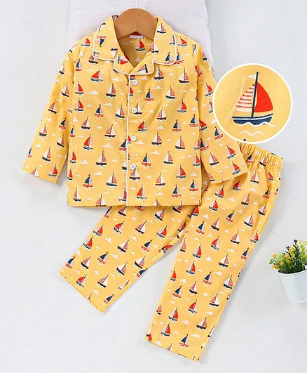 Babyhug Full Sleeves Cotton T-shirt and Pyjama Woven  Set Boat Print - Mustard