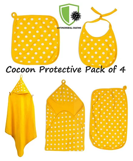 COCOON ORGANICS Pack Of 4 Anti Microbial Cotton Super Soft Terry Towel Swaddle With Burp Cloth & Wash Cloth And Bib Set - Yellow