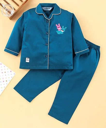 Enfance Core Full Sleeves Bunny Embroidered Night Suit - Blue
