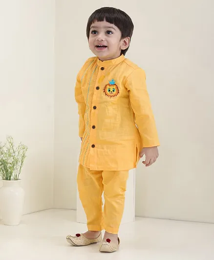 Babyoye Cotton Full Sleeves Kurta & Pyjama Lion Embroidery - Yellow