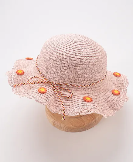 Babyhug Straw Hat With Flower Applique - Pink