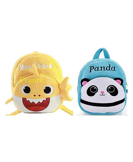 Frantic Velvet School Bag Baby Shark & Best Sky Panda Design Yellow Blue Pack of 2 - 11.8 Inches