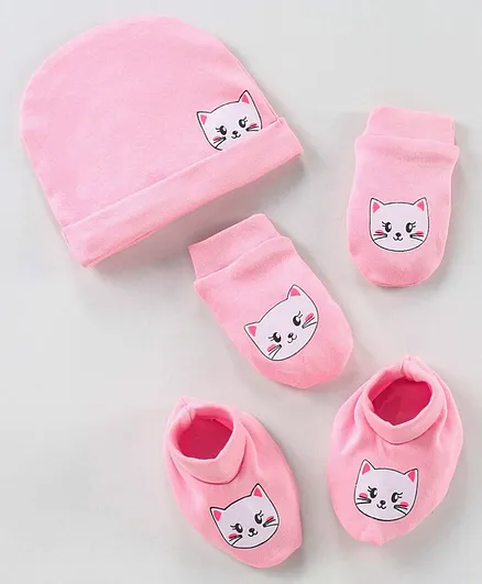 Babyhug 100% Cotton Cap Mittens & Booties Set Kitty Print Pink - Diameter 9.5 cm