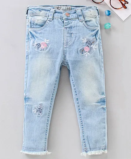 ToffyHouse Full Length Denim Jeans with Floral Embroidery - Light Blue