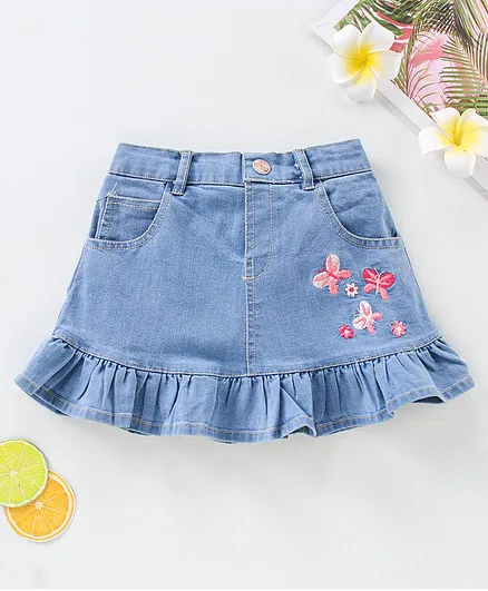 ToffyHouse Knee Length Denim Skirt with Floral Embroidery - Medium Blue