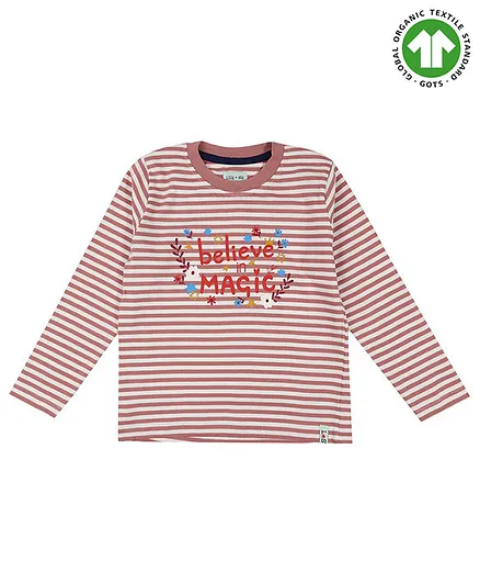 Lilly + Sid 100% Cotton Full Sleeves Striped T-Shirt Magic Text Print - Pink