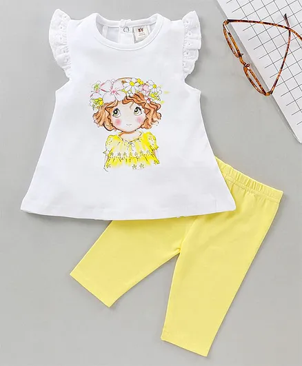 ToffyHouse Cap Sleeves Top & Leggings Doll Print - White Light Yellow