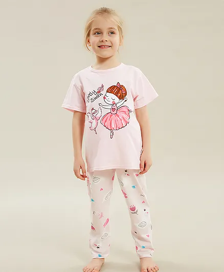 Kookie Kids Half Sleeves Night Suit Girl Print - Pink